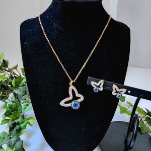 Gold Plated Butterfly with Blue Evil Eye Pendant Earrings Set